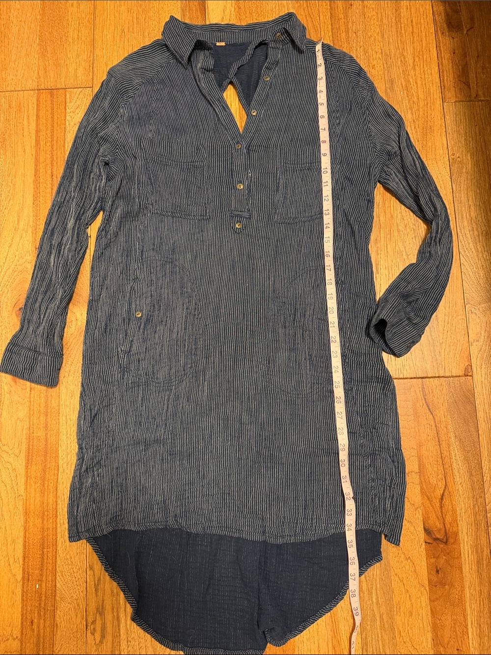 Free People Navy Pinstripe Gauze Tunic Shirtdress Open Back Long Sleeve Small